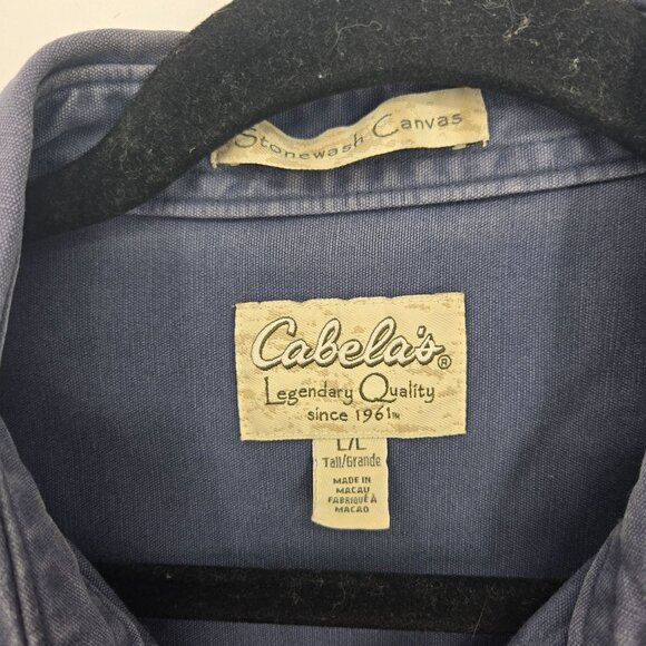Cabelas Mens Large Tall blue stonewash canvas button up utility short sleeve - Picture 4 of 8